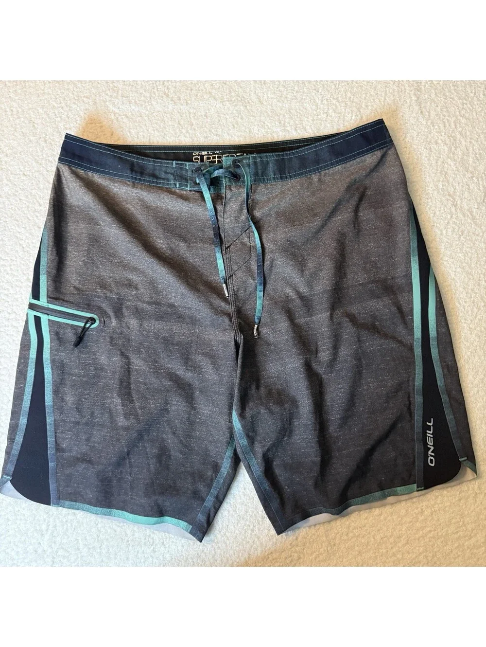 O’Neill Superfreak Boardshorts Men’s 36 Gray Teal Hyperfreak Stretch Swim Shorts